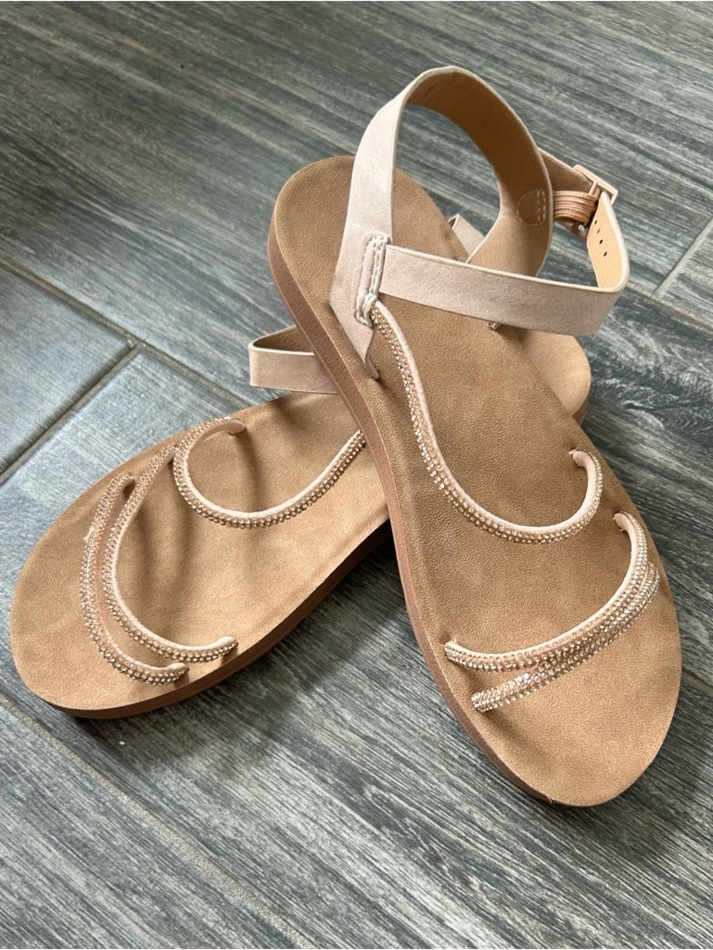 New Beaded Tan faux Suede Ankle-Strap Women's Sandals Sz 7.5